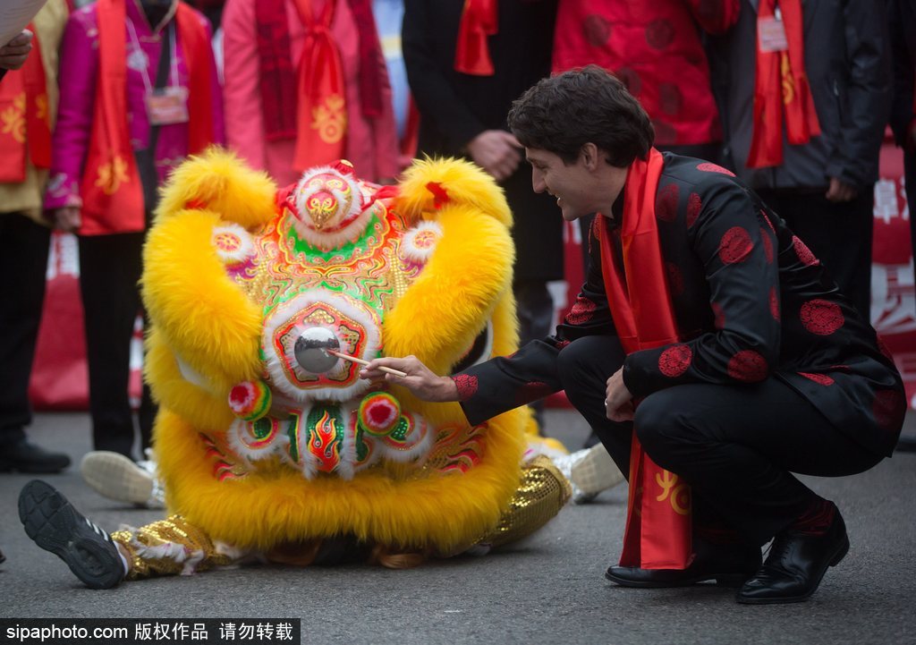 加拿大總理特魯多身著唐裝參加春節游行 撫摸舞獅頭激萌十足
