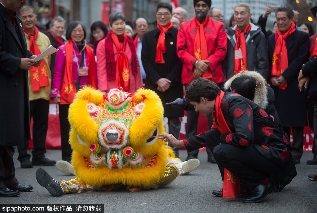 加拿大總理特魯多身著唐裝參加春節游行 撫摸舞獅頭激萌十足