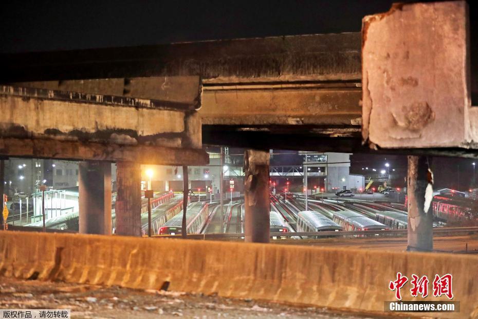 美國洲際公路立交橋發生大火坍塌