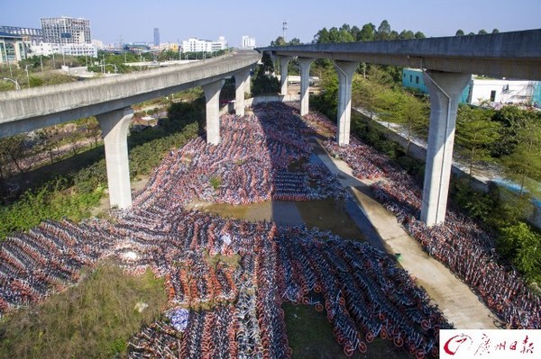 航拍廣州共享單車(chē)中轉(zhuǎn)站　密密麻麻如彈簧