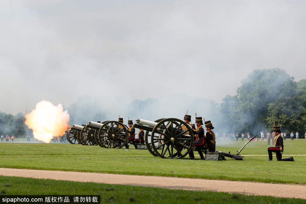 英國皇家騎兵鳴禮炮紀念女王伊麗莎白二世加冕64周年
