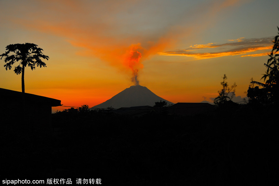 印尼錫納朋火山持續(xù)噴發(fā) 日暮時(shí)分火光沖天染紅天際
