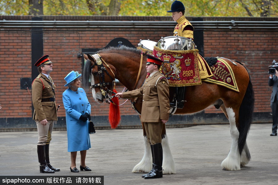 英國女王伊麗莎白二世到訪騎兵隊(duì) 身著天藍(lán)色風(fēng)衣面露微笑
