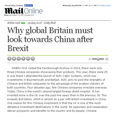 駐英國大使劉曉明在英國《每日郵報》發表署名文章：《打造脫歐后的“全球化英國”一定要與中國合作》